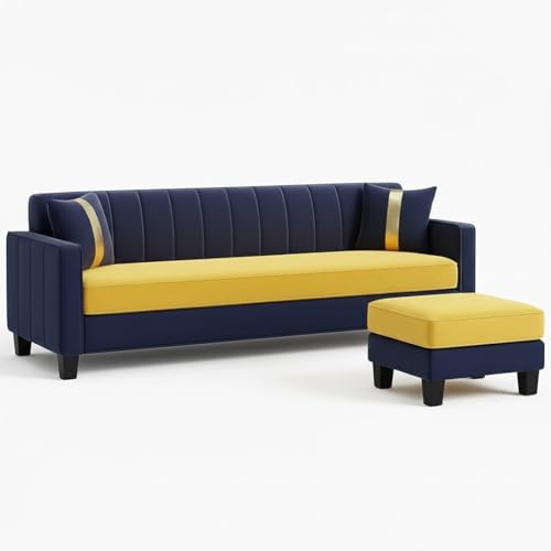 Image of FURNY Avvono 4 Seater L Shape Sofa Set with Movable Ottoman | Flexible Left or Right Layout | Plush Velvet Fabric (Dark Blue-Yellow) | Perfect for Living Room, Guest Room & Office