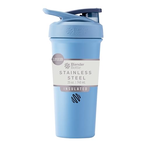 Image of BlenderBottle Sport Sleek Insulated Stainless Steel Shaker Bottle with Wire Whisk, 25-Ounce, Dusty Blue – Protein Shakes & Hydration for Athletes & Fitness Enthusiasts, Easy Mixing, Slim Easy to Hold, Keeps Drinks Cold, Lockable Lid