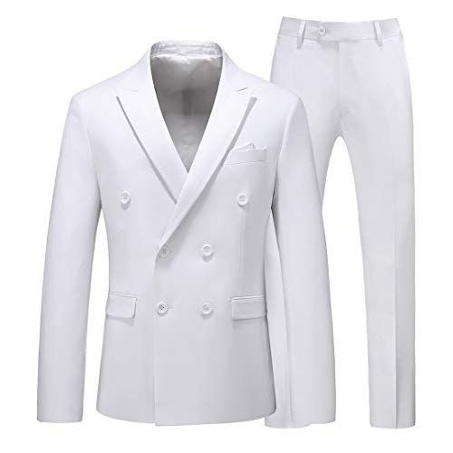 UNINUKOO Mens Suits 2 Piece Double Breasted Tuxedo Suit Slim Fit Wedding Party Dress Formal Suits for Men US Size 32 White