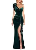 VFSHOW Womens 2025 Velvet Ruched Ruffle Formal Prom Evening Wedding Maxi Dress One Shoulder V Neck Beaded Strap Sexy Elegant Split Long Gown (Emerald Green, Medium) 12082 DGRN M