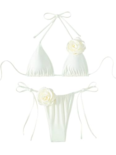 OYOANGLE Women's Bikini Set 2 Piece Floral Appliques Tie Backless Halter Triangle Swimsuit Tie Side Bathing Suits