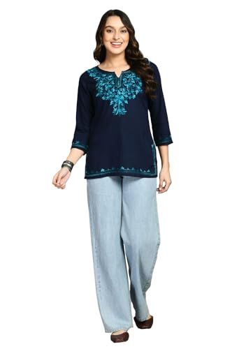 Image of QAZMI Women's Rayon Cotton Kasmiri Kurti with Floral Embroidery