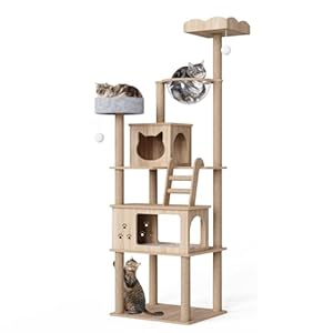 Mondeer Wooden Cat Tree for Large Cats, 185 cm Cat Tower with Scratching Post 2 Condos 2 Perches and Capsule Nest, Modern Style for Indoor Cats
