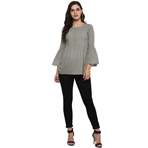 Image of Cotton Plain and Solid Bell Sleeve A-Line Short Round Neck Flared Tunic Top for Girls Women