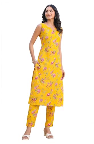 Image of Janasya Women's Yellow Pure Cotton Floral Printed Straight Kurta Pant Set