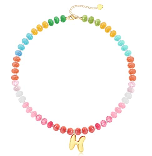 Initial Necklaces for Women, Beaded Necklaces for Women with Bubble Necklace Letter Stocking Stuffers for Teens Trendy Stuff Colorful Gemstone Choker 14k Gold Letter A-Z Pendant Summer Beach Christmas Birthday Jewelry for Her Girlfriend Sister