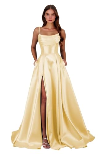 Yellow Spaghetti Straps Satin Prom Dresses with Slit A Line Corset Ball Gowns Long Formal Evening Party Gowns with Pockets 10