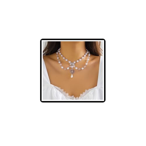 Pearl Heart Pendant Necklace Crystal Cross Bow Necklace Chain Vintage Boho Layered Faux Pearl Flower Tassels Jewelry for Women Girls (Silver A)