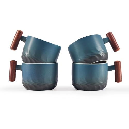 CLASGLAZ 70ml Ceramic Espresso Cups with Wooden Grip, Set of 4 Small Double Shot Coffee Cups