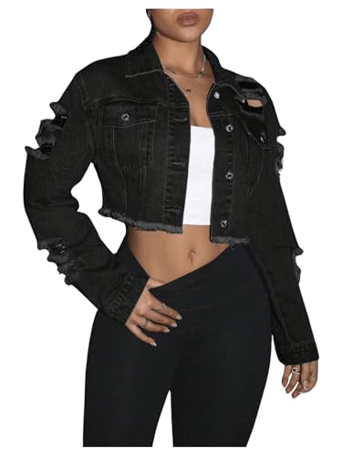 WDIRARA Women's Distressed Button Down Denim Jacket Raw Hem Y2k