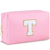 URSKYTOUS Initial Preppy Makeup Bag for Women Teen Girls Travel Small Cosmetic Bag Cute Pink Personalized Preppy Makeup Pouch Zippered Toiletry Bag Organizer PU Leather Aesthetic Makeup Bag（T）