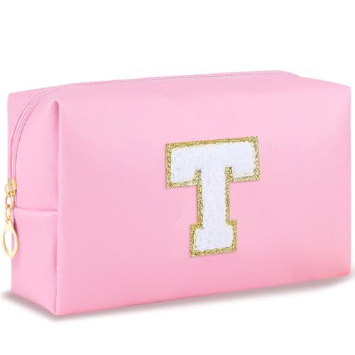 URSKYTOUS Initial Preppy Makeup Bag for Women Teen Girls Travel Small Cosmetic Bag Cute Pink Personalized Preppy Makeup Pouch Zippered Toiletry Bag Organizer PU Leather Aesthetic Makeup Bag（T）