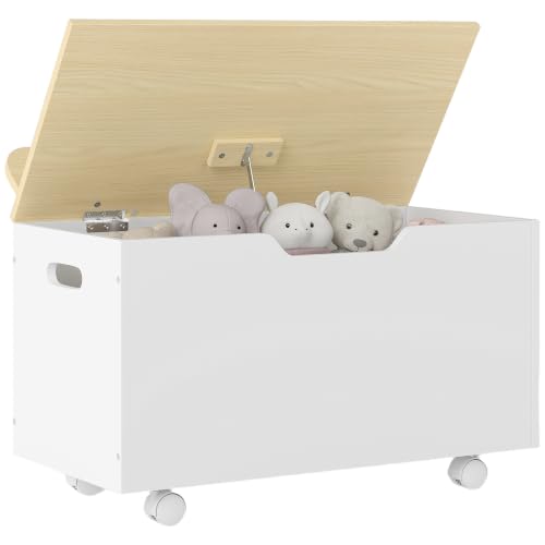 AIYAPLAY Caja de Almacenaje de Juguetes con Ruedas, Blanco y Natural