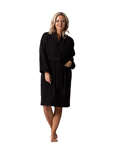 Luxurious Turkish Cotton Kimono Collar Super-Soft Terry Absorbent Bathrobes for Women (Black, Large)