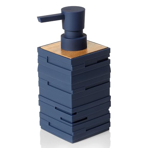 YAUKPH Matte Blue Teak Wood Hand Soap Dispenser 10 oz Square for Bathroom and Kitchen Countertops