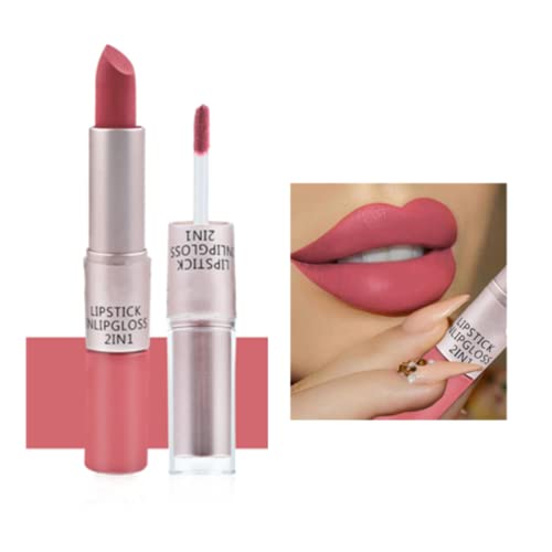 2 in 1 Pintalabios,Labiales Mate Larga Duración de Moda y Populares Suave y No pegar Fácil de Quitar (Rosa055) Cover