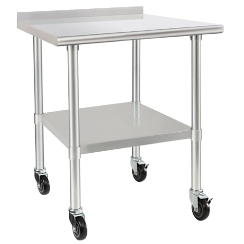 Image of HARDURA Stainless Steel Table 30 x 36 Inches with Wheels Casters NSF Heavy Duty Commercial Prep Table with 2 inch Backsplash and Adjustable Undershelf for Restaurant Kitchen Home and Hotel