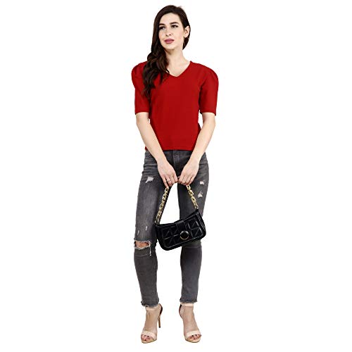 Image of POPWINGS Casual Solid Puff-Sleeves Crop Top for Women || V-Neck Crop Top for Women || Half-Sleeves Summer Crop Top for Women || Crop Tops for Women Fancy Crop Top for Women