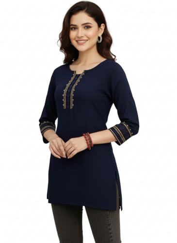Image of Women's Rayon Short Kurti Top | Casual & Office Wear Tunic with Round Neck and 3 /4 Sleeves | Comfortable Every Occassion Wear | Ideal Ethnic Short Kurti for Womens