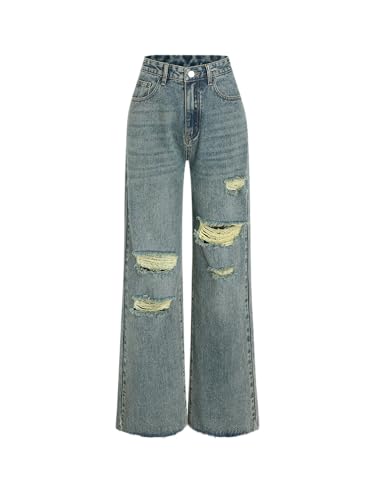 Image of CIDER Women's Ripped Jeans High Waisted Distressed Baggy Pants | Straight Wide Leg, Denim Pants