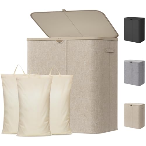 Lifewit 165L Laundry Basket with Lid 3 Section Washing Basket with Handles and Bag Large Foldable Dirty Clothes Organiser with Plastic Frame for Laundry Room Bedroom Bathroom Beige