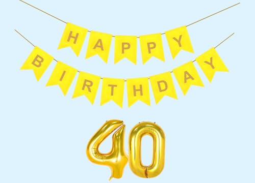 Image of 40th Happy Birthday Decoration Kit Yellow for 40 year Old Boys Girls Women with Number Forty Party Decorations Decor Celebration Items Item Set Combo Reusable Paper Banner