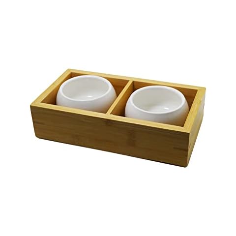 Palmetto Housewares Bamboo Box Stand Size 20.5x11x5cm With 2 Spaces, 2 Ceramic Pots 8x8x4.2cm, Stands For Succulent Small Plants, No Plants Included, Small Plant Flower Stands Cover