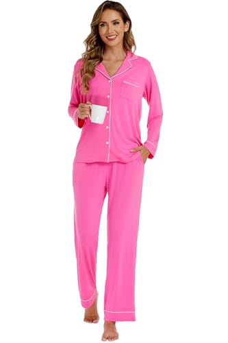 Image of LUBOT Womens Bamboo Viscose Pajamas for Women 2 Piece PJ Set Ultra Buttery Soft Cooling Button Long Sleeve Sleepwear S-XXL