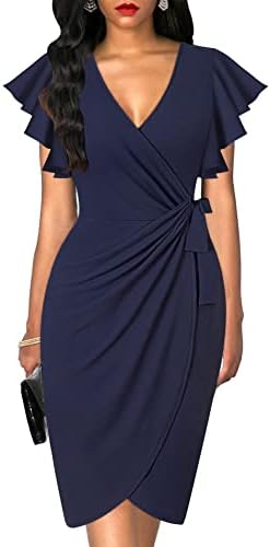 oten Women V Neck Ruched Wrap Dress Knee Length Work Business Sheath Party Dresses with Ruffle Sleeves Navy Blue Large