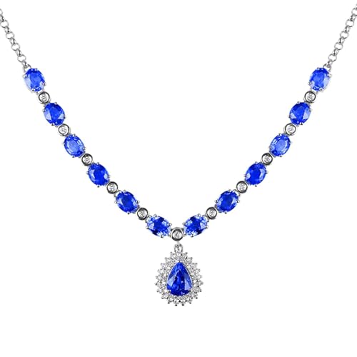 Homxi Collar Cadena Oro Blanco Mujer 18K,Colgantes Gota de Agua y Oval con 7.05ct Zafiro Creado y Moissanita Collar Cadena Plata Mujer