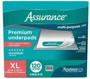 Assurance Unisex Premium Underpad, Maximum Absorbency, Extra Large 30" x 36" (120 Count)