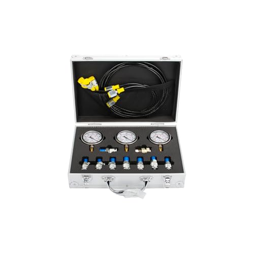 Image of Hydraulic Pressure Test Kit, 3 Gauges( /4000 /6000 /10000 PSI) & 8 Test Couplings & 1 Quick Connector & 3 Test Hoses, Hydraulic Pressure Gauges, for Excavator, Construction, Machinery