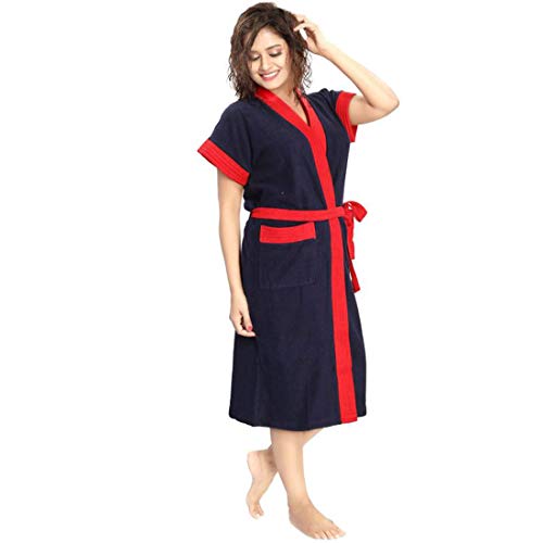 Image of bathrobes terry cotton free size bathrobe for women, bathsuit fit up to 42 inches chest size ladies - Red Blue bathrobe