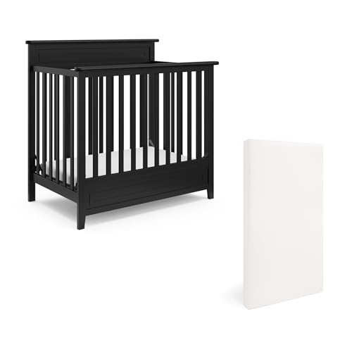 Image of Storkcraft Petal 4-in-1 Convertible Mini Crib (Black) – GREENGUARD Gold Certified, Converts to Daybed and Twin-Size Bed, Bonus 2.75-inch Mini Crib Mattress Included, Ideal for Small Spaces