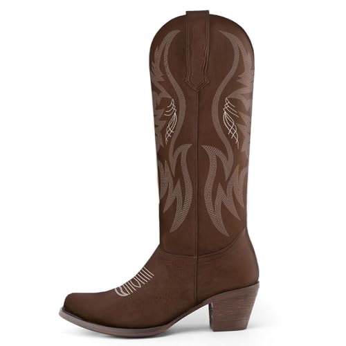 Image of KaroNairy Women Cowboy Boots Faux Suede Embroidered Pointed Thick Heeled Western Wide Calf Cowgirl Ponited Toe Mid Calf Boots