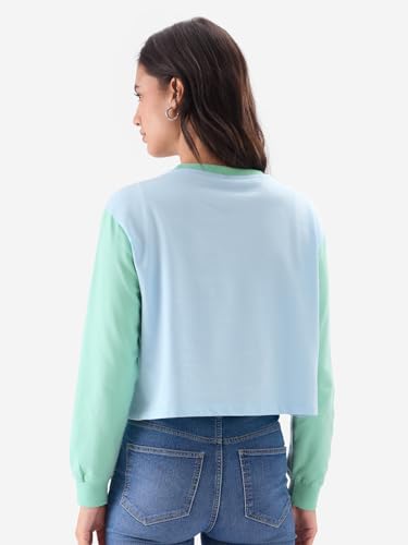 Image of The Souled Store Peanuts: Groove Women and Girls Blue Long Sleeve Round Neck Graphic Printed Oversized Crop Fit Pre-Winter Tops Sweatshirts Hoodies Pullovers Graphic Printed Colors Sportswear Casual