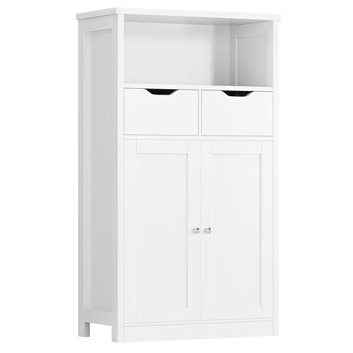 Shintenchi Floor Storage Cabinet, Bathroom Organizer with Doors and Drawers, Freestanding Side Cupboard Pantry with Adjustable Shelf, White
