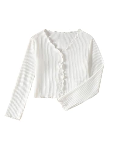 Girl's Ribbed Knit Button Down T Shirts Lettuce Trim V Neck Long Sleeve Top