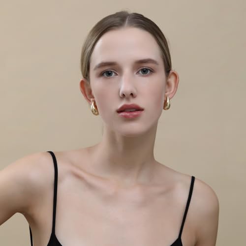 Image of Apsvo Chunky 14K Gold Plated Hoop Earrings for Women, Lightweight Waterdrop Hollow Open Hoops, Hypoallergenic Dupes Earrings