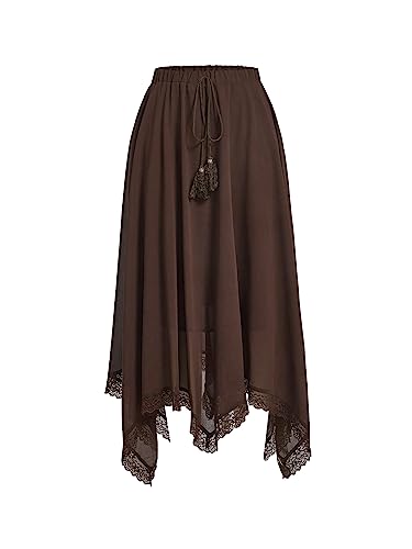 Verdusa Women's Y2k Goth Skirts Western Boho Lace Trim Asymmetrical Country Flowy Long Skirt