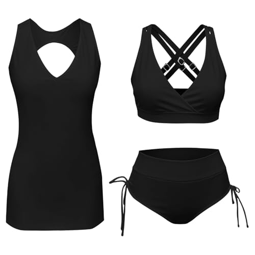 Maillot de bain deux pièces classique couleur unie avec bas de bikini et haut tankini ajustable