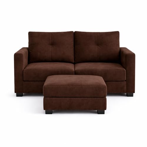 Image of FURNY Heritage 2 Seater Fabric Sofa Set with 1 Ottoman (Dark Brown) with Velvet Finish | Durable Comfort | Ideal for Living Room.