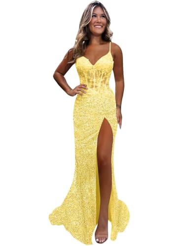 Monvelli Women's Appliques Prom Dresses 2026 Yellow Long Sparkly Sequin Bodycon Corset High Split...