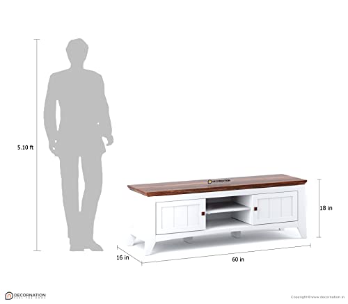 Image of DecorNation Eden Wooden TV Unit Table - Two Compartments with Door, Walnut Finish Tabletop for Living Room, Bedroom, Office Furniture Stand (60 inch x 16 inch x 18 inch, White)