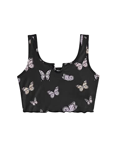 Romwe Girl's Cute Butterfly Print Sleeveless Lettuce Trim Tank Crop Tops Vest Black Butterfly 11-12Y #TOP26