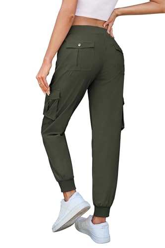 Hormtaer Damen Cargo Jogginghose Multifunktions Outdoor Wanderhose Lang Leichte High Waist Stretch Sport Trekkinghose Multi Taschen (B Armeegrün, M)