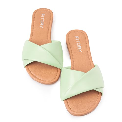 Image of FITORY Women's Flat Sandals Fashion Slides With Soft Leather Slippers for Summer Size 6-11