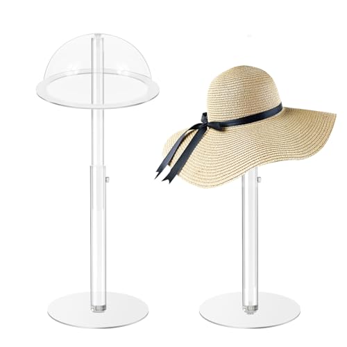 Image of Chris.W Luxury Clear Acrylic Hat Display Stand with Dome Top – Adjustable 8"-16" Round Base Stand for Sun Hats, Wide Brim Hats, Fedoras, Elegant Hat Holder for Home, Photography & Boutique Display(1 Pack)