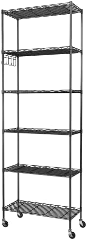 Homdox 6-Tier Storage Shelf Wire Shelving Unit Free Standing Rack Organization with Caster Wheels, Stainless Side Hooks, Black