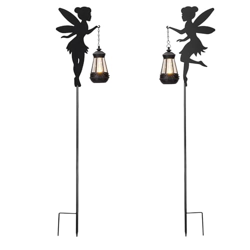 XYRIS Fairy Garden Accessories Lawn Ornaments 1 Pair - Solar Fairy Lights Outdoor Decorations, Metal Garden Stakes Decorative Figurines for Yard Decor, Patio (Type B Warm Lighting)